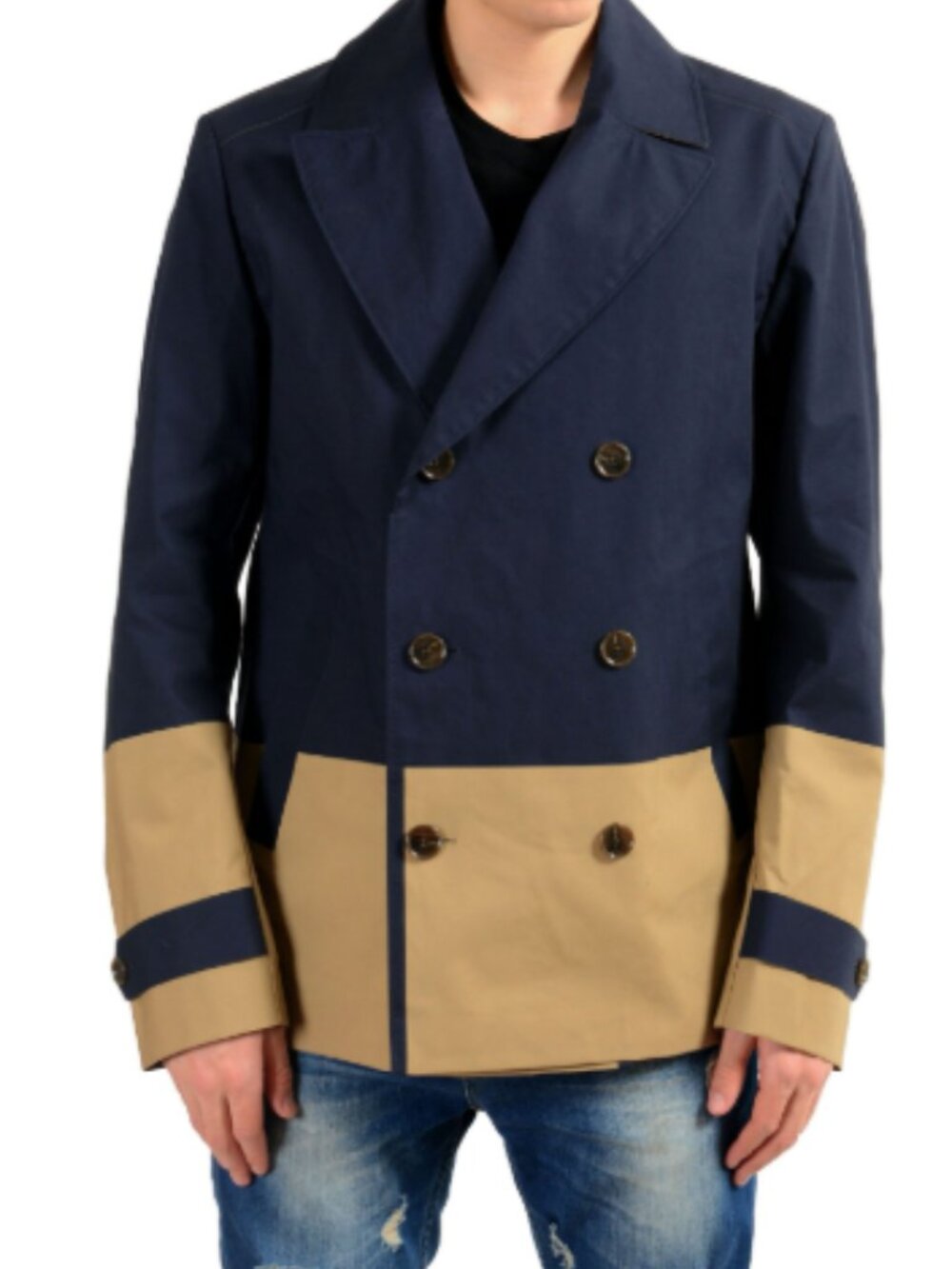 Colorblock Double-Breasted Cotton Jacket Coat Navy/Beige US Men's IT 50 - Picture 5 of 8